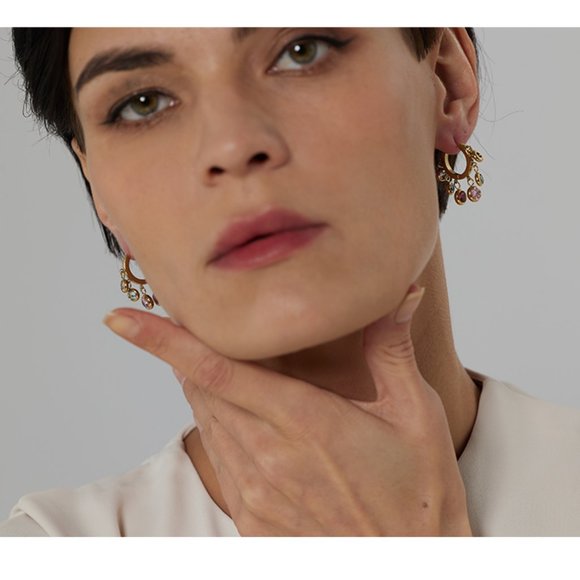 ^NEW 18K Gold Plated Round Diamond Drop Huggie Hoop Earrings - Picture 2 of 9